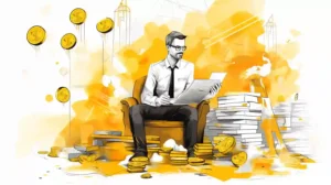 Cryptocurrency Taxation: A man sitting on a couch in the middle of a pile of Bitcoins, wearing glasses and a suit & tie reading tax paperwork