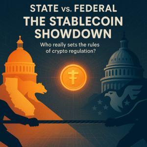 A graphic illustrating a 'State vs. Federal Stablecoin Showdown.' On the left, in orange, are silhouettes of the California State Capitol and a bear. On the right, in blue, are silhouettes of the U.S. Capitol and an eagle. In the center, the two sides pull a rope in a tug-of-war over a glowing gold stablecoin.